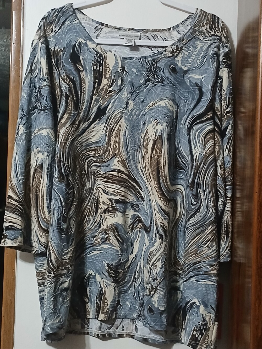 Rebecca Malone Womens Marble-Print Scoop Neck Top - Blue & Brown